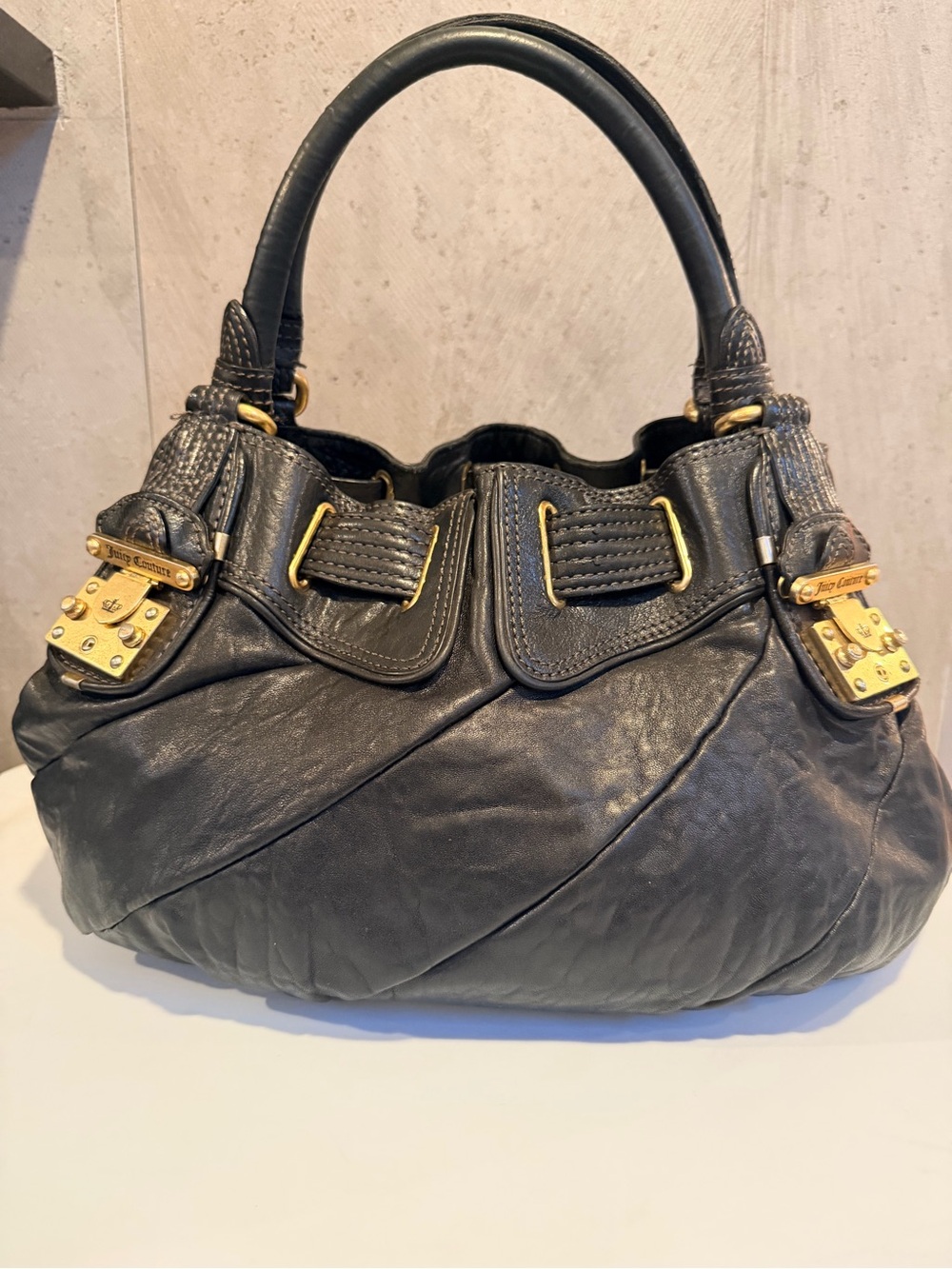 Juicy Couture Black Leather Slouchy Satchel Handbag Gold Hardware